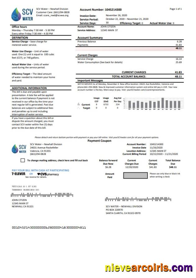 USA California Santa Clarita SCV Water utility bill